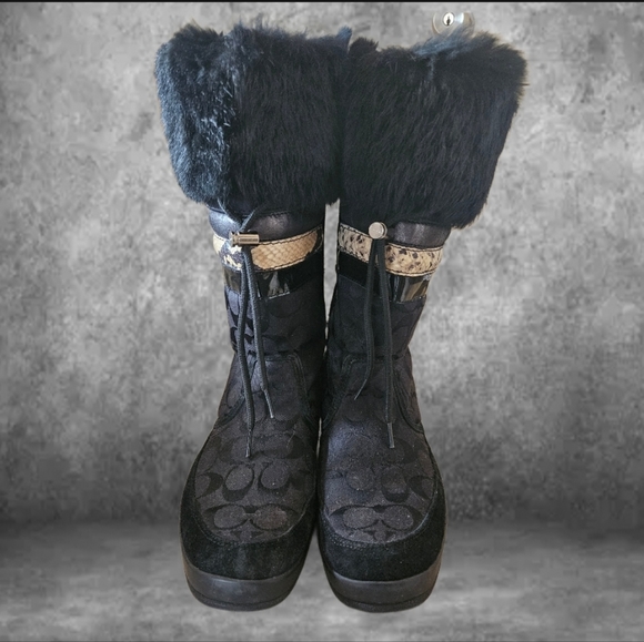 COACH "LORNA" BLACK JACQUARD LOGO LEATHER TRIM FUR CALF BOOTS SIZE:10M - Picture 2 of 7